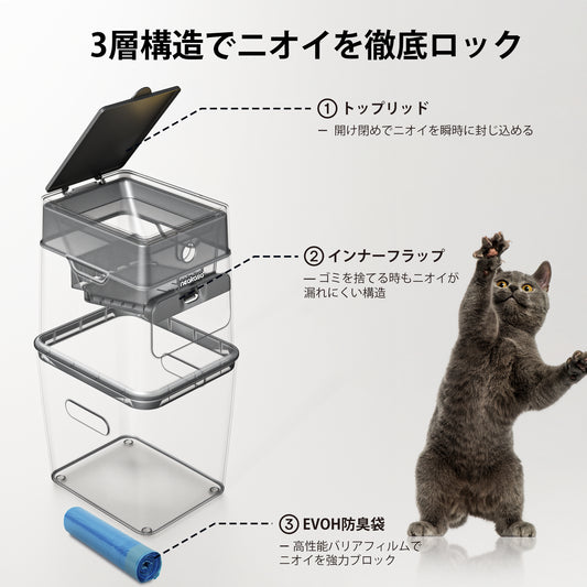【EVOH超防臭袋付き】猫砂ゴミ箱|三重密閉構造・消臭99.9%・9.2L大容量・犬猫おむつ対応