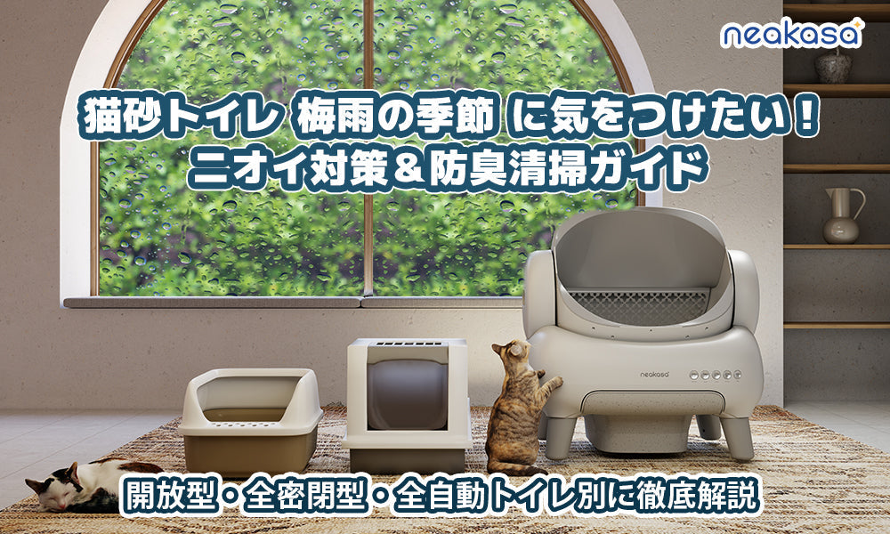 梅雨の季節に気をつけたい！猫砂トイレのニオイ対策＆防臭清掃ガイド、開放型・全密閉型・全自動トイレ別に徹底解説